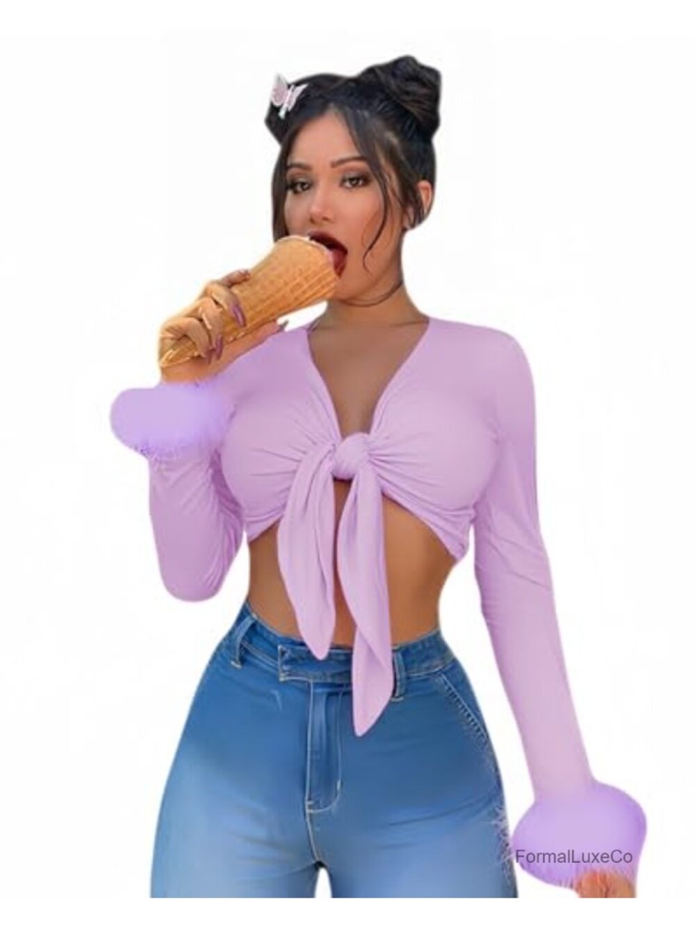 Women's Faux Fur Feather Cuff Crop Top Tie Up Deep V Neck Long Sleeve Blouse
